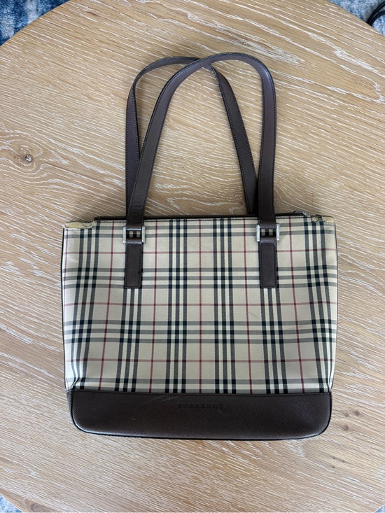 Burberry Handbags - Burberry Beige Check Shoulder Bag with Brown Leather Trim